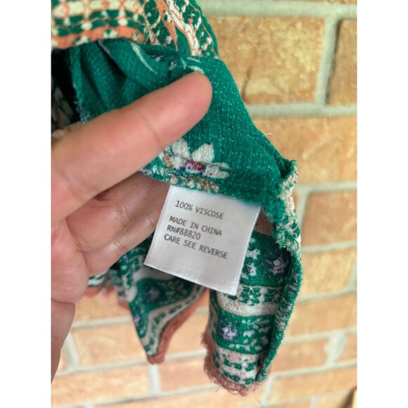 Rachel Zoe Green Floral Boho Peasant Top Puff Sleeves & Tassel Tie Neck Womens S - Picture 5 of 11